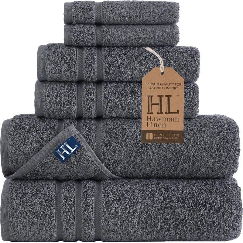 Hammam Linen 6-Piece Grey Bath Towels Set Original Turkish Cotton Soft, Absorbent and Premium Towels Set for Bathroom and Kitchen 2 Bath Towels, 2 Hand Towels, 2 Washcloths (Cool Grey)