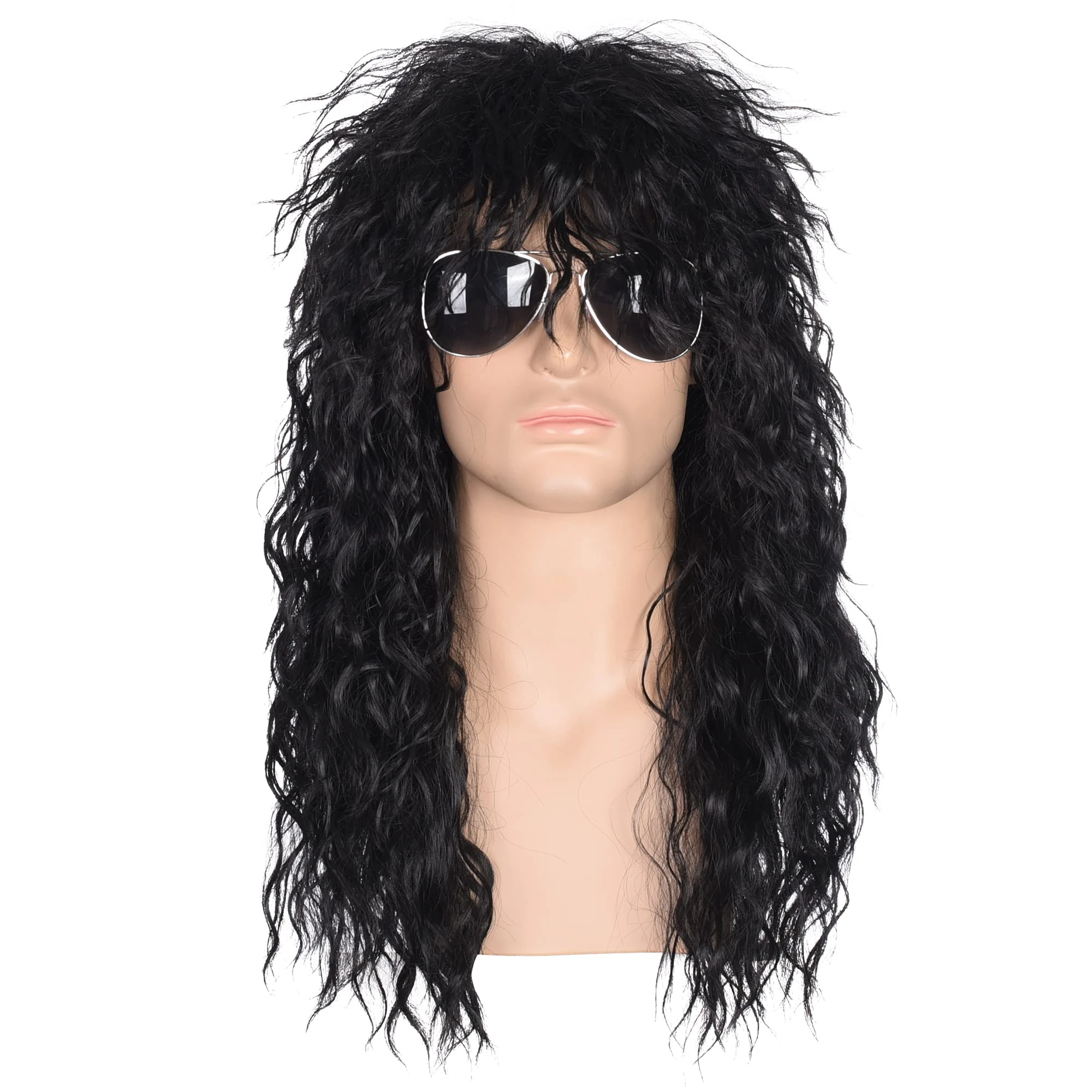 Morvally Men’s 80s Style Long Black Curly Hair Wig Glam Rock-Rocker Wig Perfect for Halloween, Cosplay, DIY Themed Costume Party