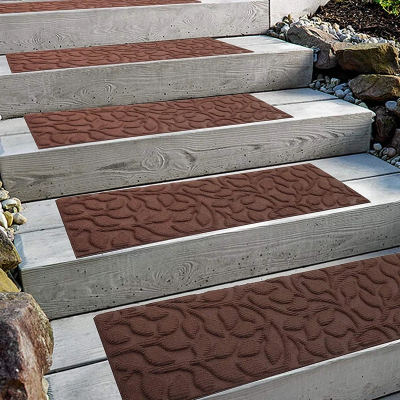 Aucuda 6pcs 8.5" x 30" Stair Treads Outdoor for Elders and Dogs on Wooden Steps, Non Slip Stair Runner Rug Heat Insulation Rubber Backing, Brown Floral Staircase Mat Carpet for Indoor Grip Farmhouse.