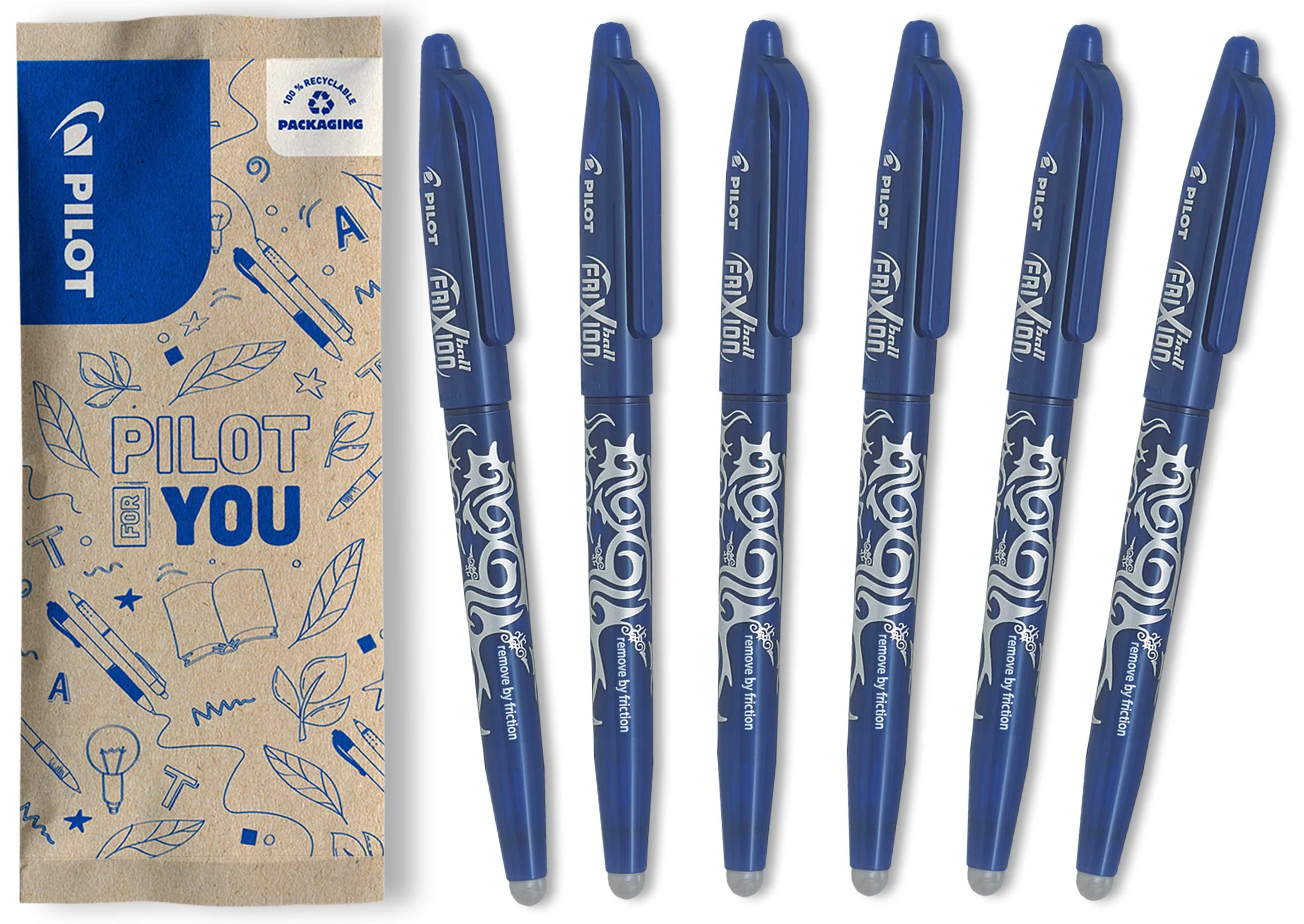 PILOT FriXion Ball 0.7 Set - 6 Pieces - Blue Colour - Erasable Rollerball Pen 0.4mm Line Width, Comfortable Write Guide for Learning to Write - Thermosensitive Ink with Replaceable Refill