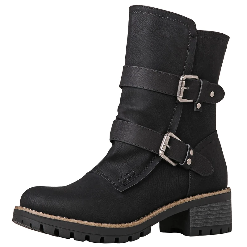 GLOBALWIN Women's Biker Boots Lace up Mid Calf Motorcycle Fashion Festival Boots Combat Riding Military Boots for Women, 19yy19black, 6 UK