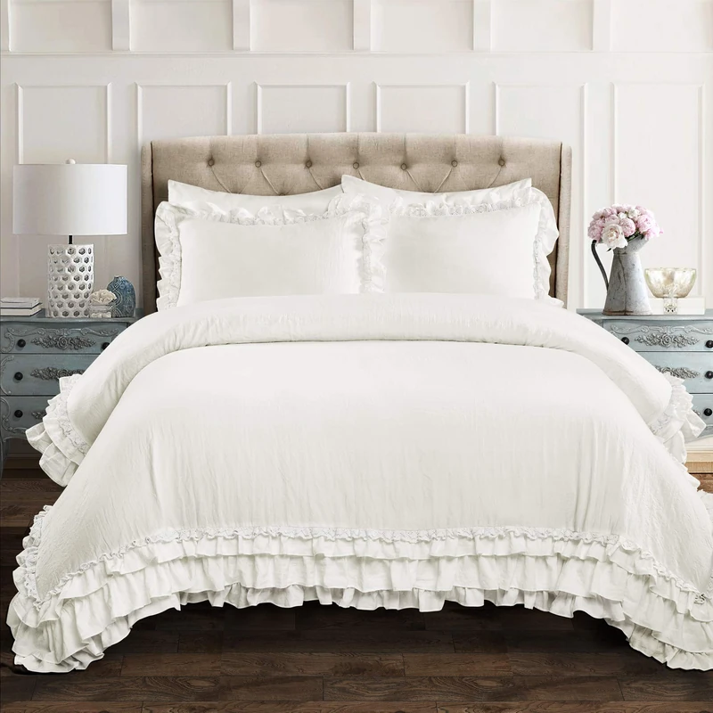 Lush Decor Ella Vintage Chic Ruffle Lace 3 Piece Comforter Set, King, White, Polyester Blend