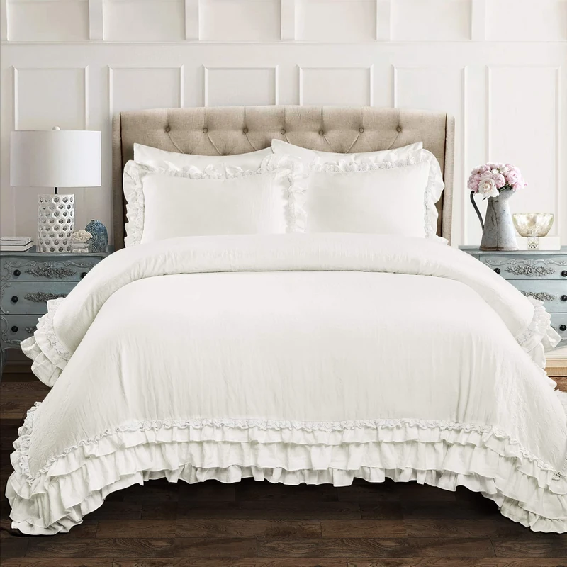 Lush Decor - Comforter Set, Luxurious Bedding with Matching Shams, Ruffle Lace Design, Shabby Chic Room Decor (Ella White, Full/Queen)