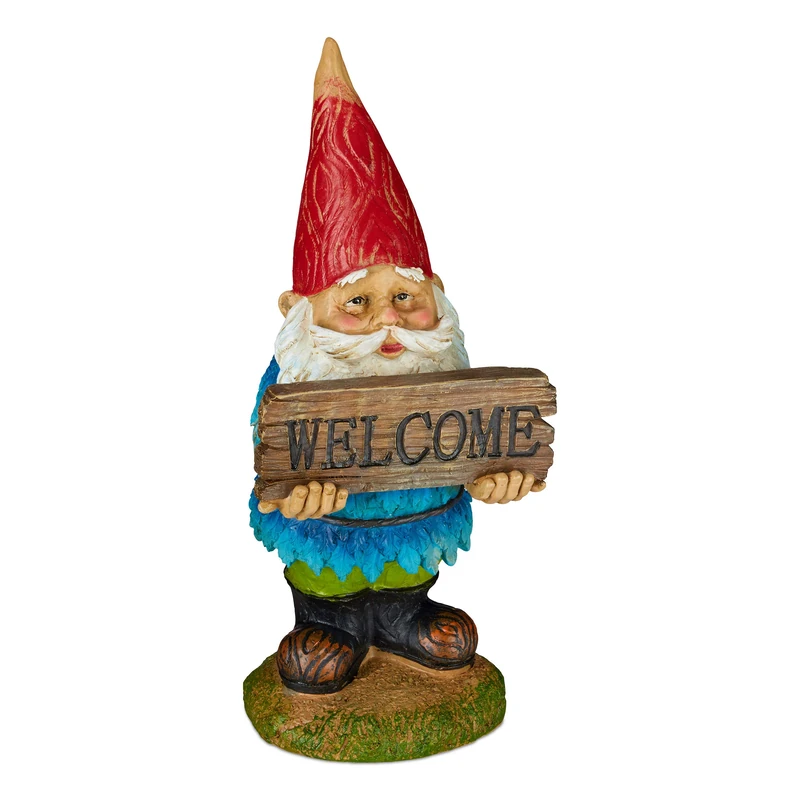 Relaxdays Garden Gnome, Welcome Sign, Weatherproof, Poly-resin, Garden, Front Door & Flowerbed, Classic Design - Image 1