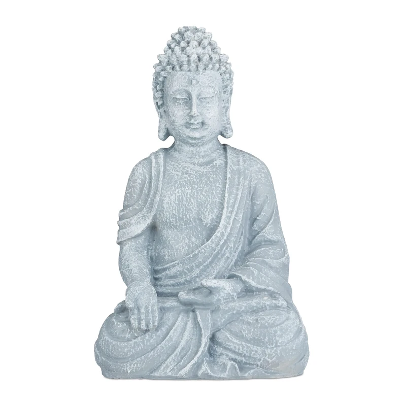 Relaxdays Sitting Buddha Figurine, 40 cm, Feng Shui, Outdoor, Garden, Décor, Big Zen Buddha Figurine, Light Grey