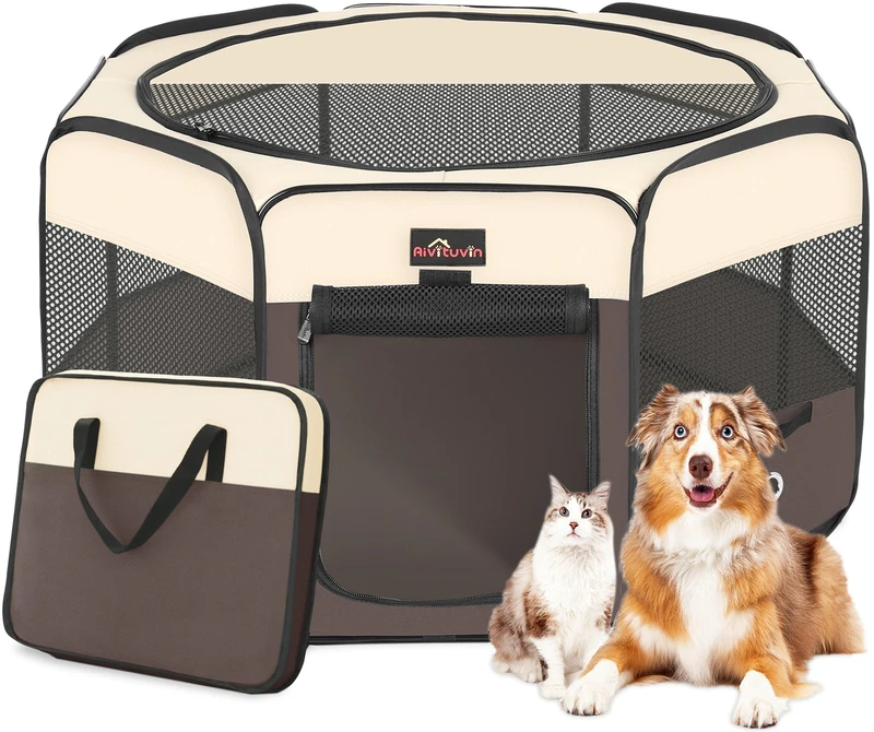 Aivituvin Dog Playpen 36" Portable Foldable Exercise Pen Compatible Small & Large Puppy,Cat,Kitten,Rabbit,-Oxford Cage & Kennel Suit Compatible Indoor/Outdoor Use (M, Brown)
