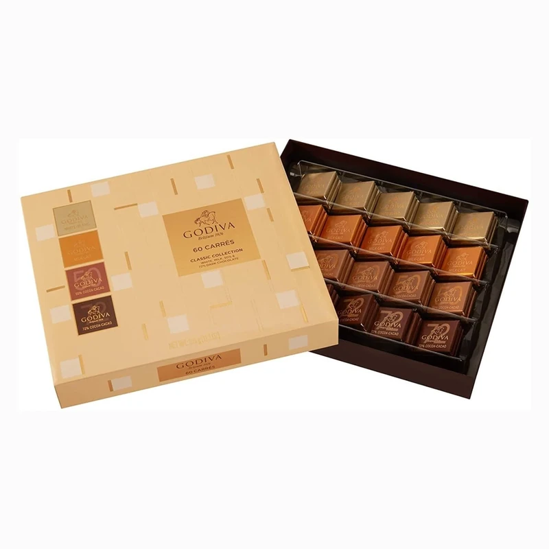 Godiva Full Range Chocolate Carres - Premium and Delicious Assorted Milk, White & Dark Belgian Chocolates - Elegant Gift Box for Special Occasions - 60 pcs