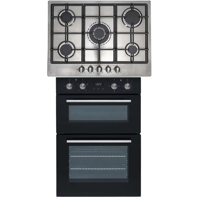 SIA 60cm Black Double Built In Oven And Stainless Steel 70cm 5 Burner Gas Hob