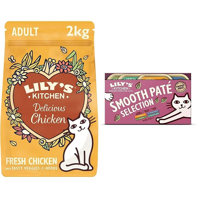 Lily's Kitchen Everyday Favourites Wet Cat Food (4 Packs x 8 Trays x 85 g) and Delicious Chicken Dry Cat Food (2 kg)