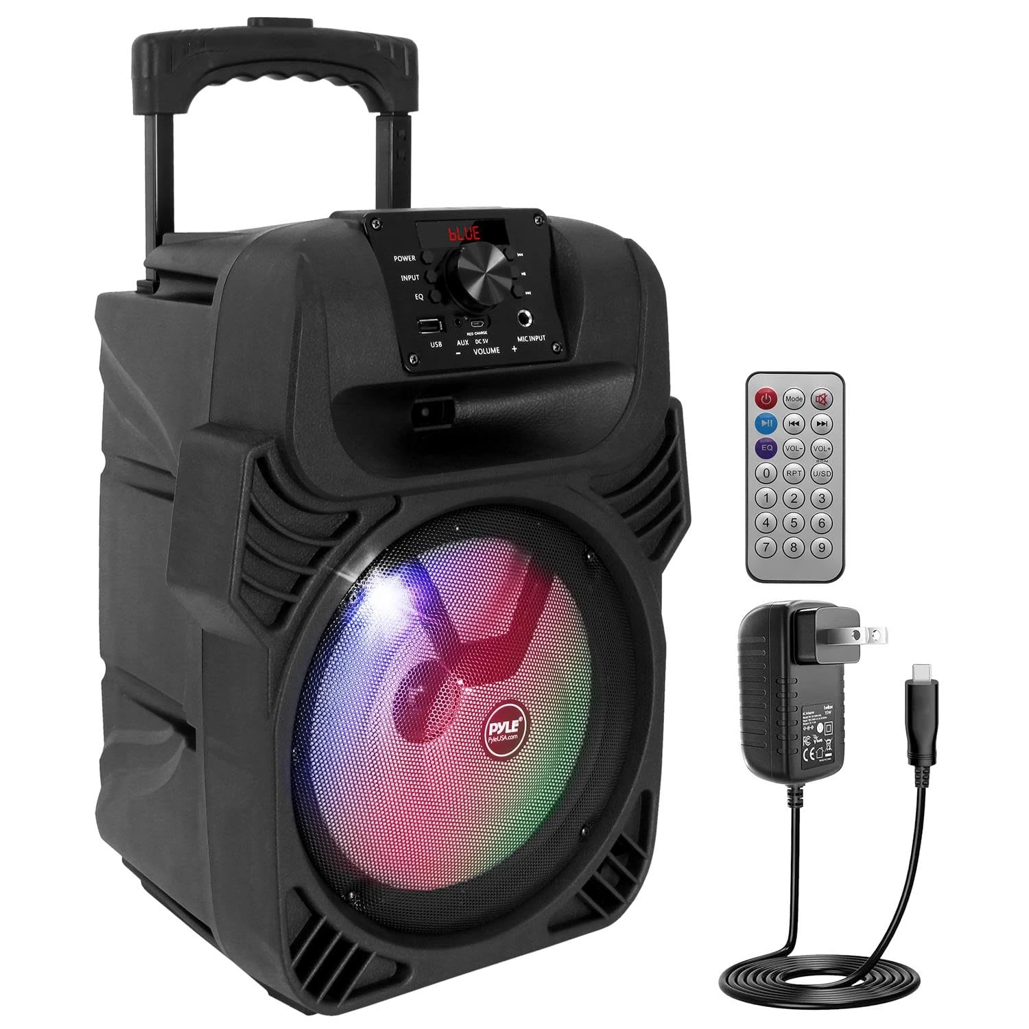 Pyle, Portable Dj Speaker System 400W, Bluetooth Pa Loudspeaker - 8” Subwoofer, USB/MP3/FM Radio/Mic Inputs, LED Lights, Rechargeable Battery w/Remote Control