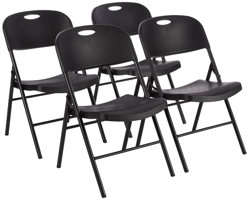 Amazon Basics Plastic & Metal Folding Chairs Set of 4, Camping Chairs, Kitchen Chairs, Indoor & Outdoor, Black, up to 158 Kg