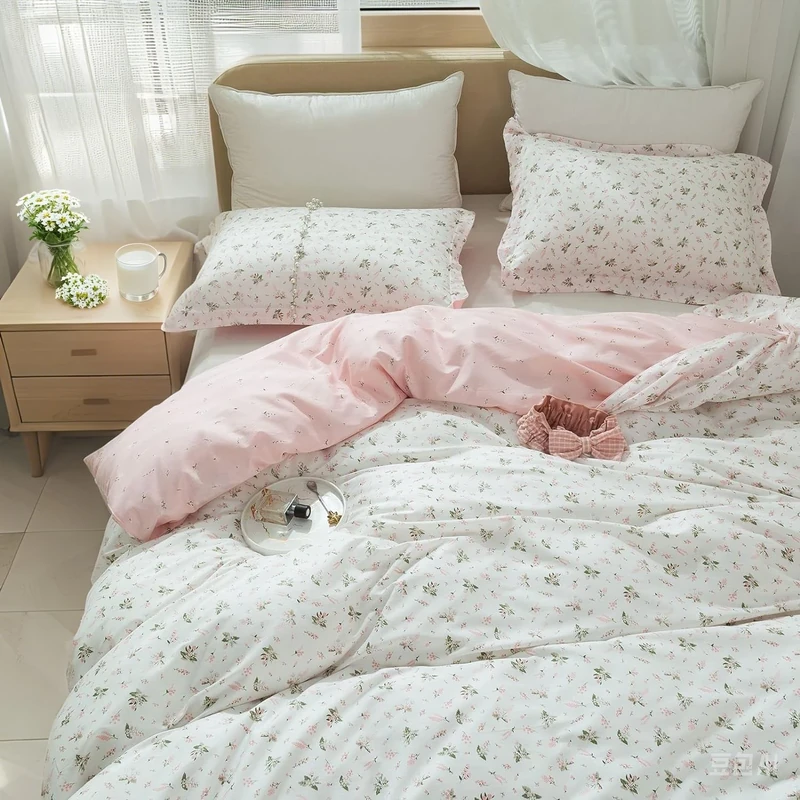 EAVD Vintage Style Garden Pink Floral Duvet Cover Queen Soft 100% Cotton White Pink Bedding Set for Girls Women Chic Shabby Boho Botanical Comforter Cover with Zipper Closure 4 Ties