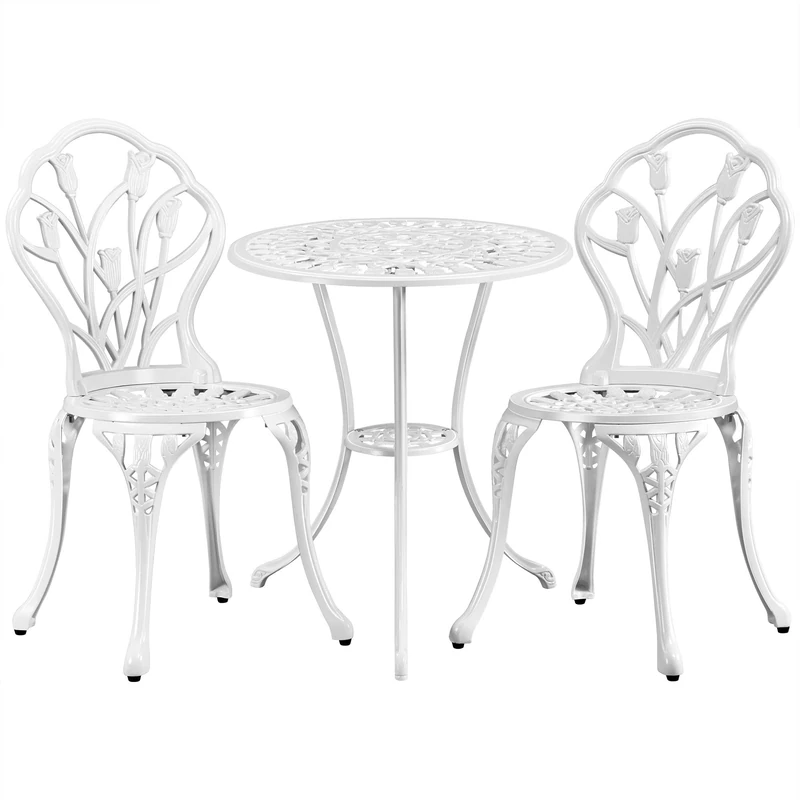 Yaheetech 3 Piece Patio Bistro Set, Garden Round Aluminum Table with 2 Chairs, Outdoor Antique Rose Vine Dining Furniture for Backyard, Porch, Balcony, Lawn, White
