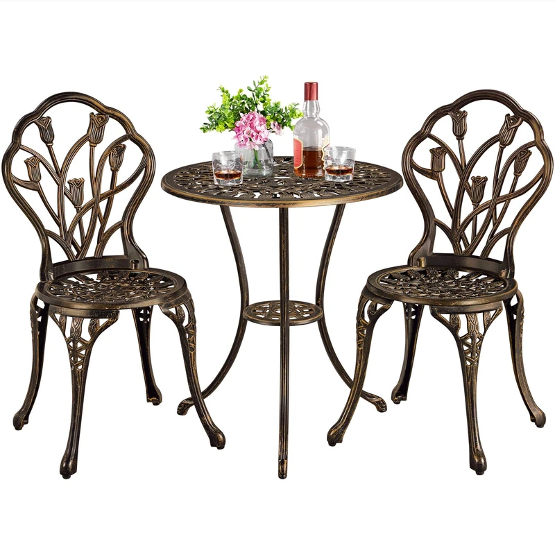 Yaheetech 3 Piece Patio Bistro Set, Garden Round Aluminum Table with 2 Chairs, Outdoor Antique Rose Vine Dining Furniture for Backyard, Porch, Balcony, Lawn, Bronze - Image 1