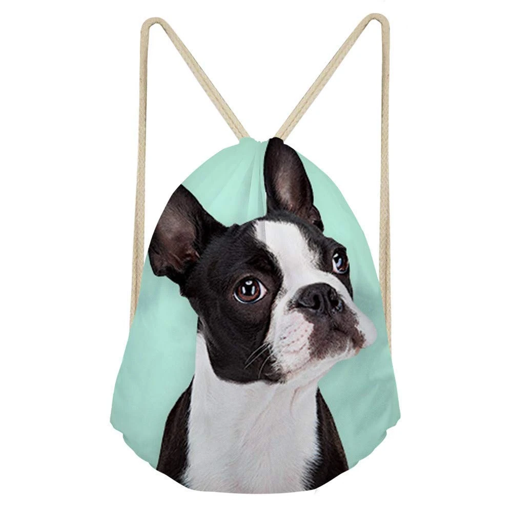 Coloranimal Funny 3D Animal Boston Terrier Design Women Ladies Drawstring Bags Reusable Heavy Duty Racksacks