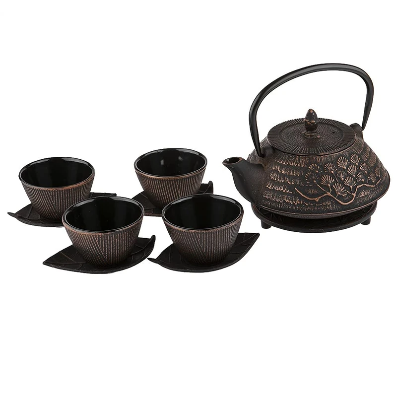 lachineuse Cast Iron Tea Service with Cherry Blossom Motif for 4 People