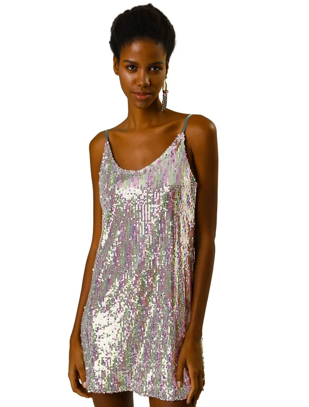 Allegra K Women's Christmas Glitter Sequin Dress V Neck Spaghetti Strap Mini Party Dress Clubwear Medium Silver (with Pinks)
