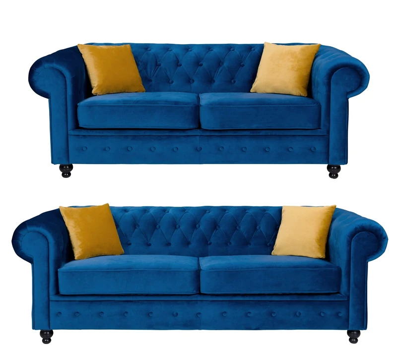 Sofas and More Hilton Chesterfield style Sofa Navy Blue French Velvet Fabric 3+2 Seater Set (3+2 Seater)