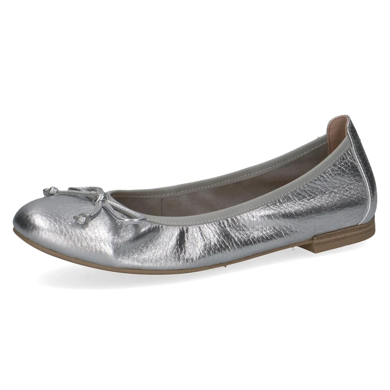 CAPRICE Women Ballet Flats Leather Bow, Silver (Silver Me.Deer), 6.5 UK