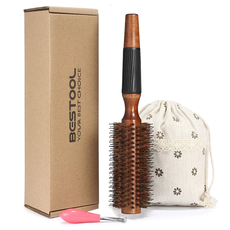 BESTOOL Round Brush for Blow Drying, Boar Bristle Round Hair Brush with Wooden Barrel, Large Styling Brush for Women & Men, Straightening, Curling, Adding Shine or Volume (2.2 Inch)