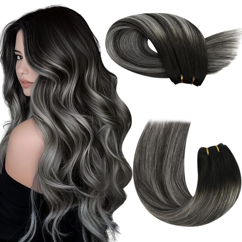 Moresoo Weft Human Hair Extensions Balayage Black and Silver Sew in Double Weft Hair Extensions Real Human Hair 14 Inch 100g #1B/Silver/1B