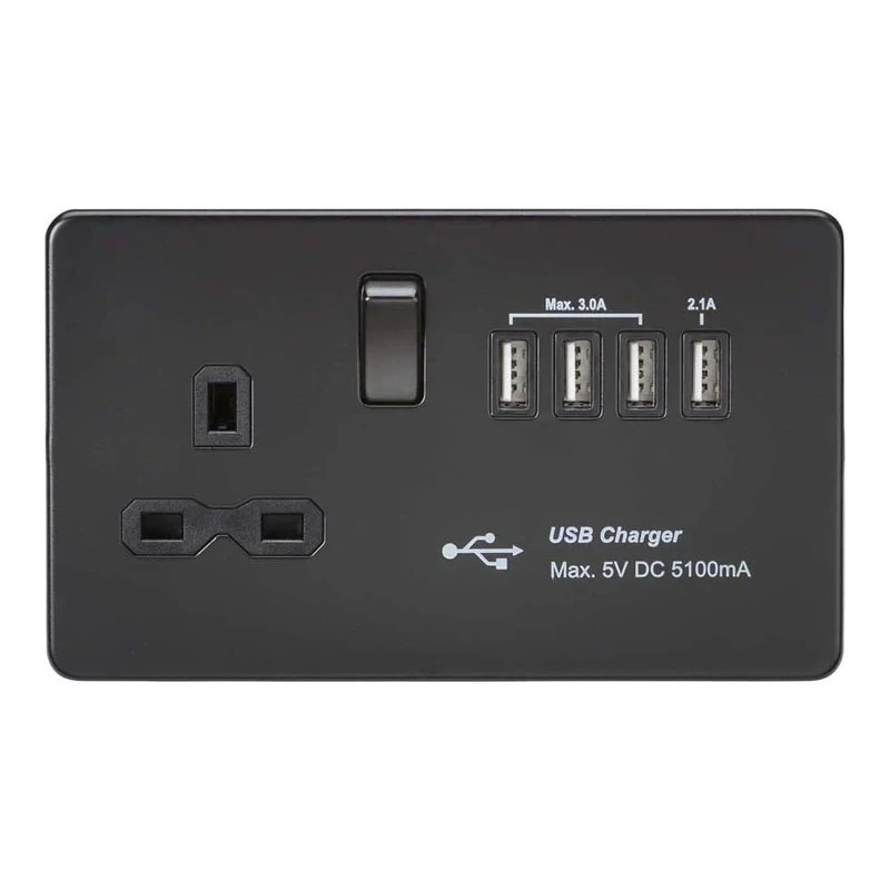 Knightsbridge SFR7USB4 mBB Screwless Switched Socket with 5.1 A Quad USB Charger, Matt Black, 13 A