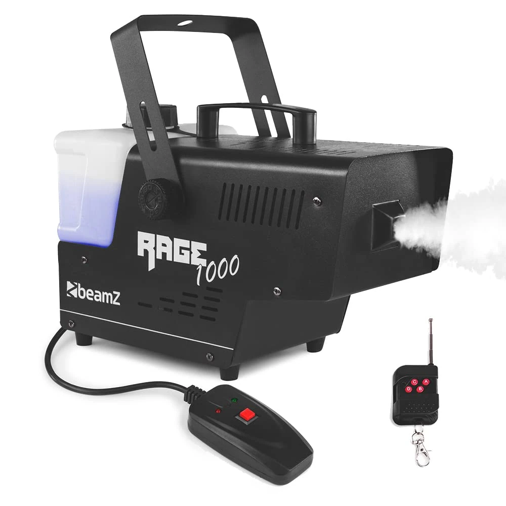 beamz Rage1000 Smoke Machine with Wireless Remote Control, 1000W DJ Fog Machine, LED Illuminated 2L Tank, Fast Heating, Party Smoke Machine for Events, Weddings, Venues & Mobile DJs
