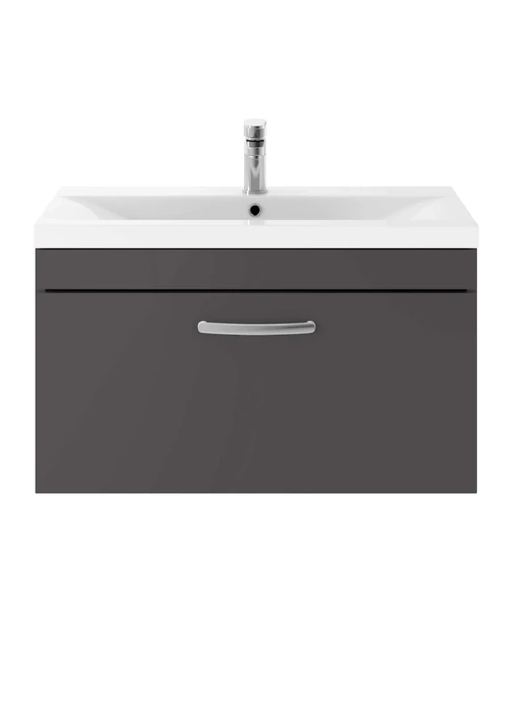 Nuie ATH080A Athena ǀ Modern Bathroom Wall Hung Contemporary Single Soft Close Drawer Vanity Unit with One Tap Hole Mid Edge Deep Ceramic Basin, 800mm, Gloss Grey, Manufactured Wood