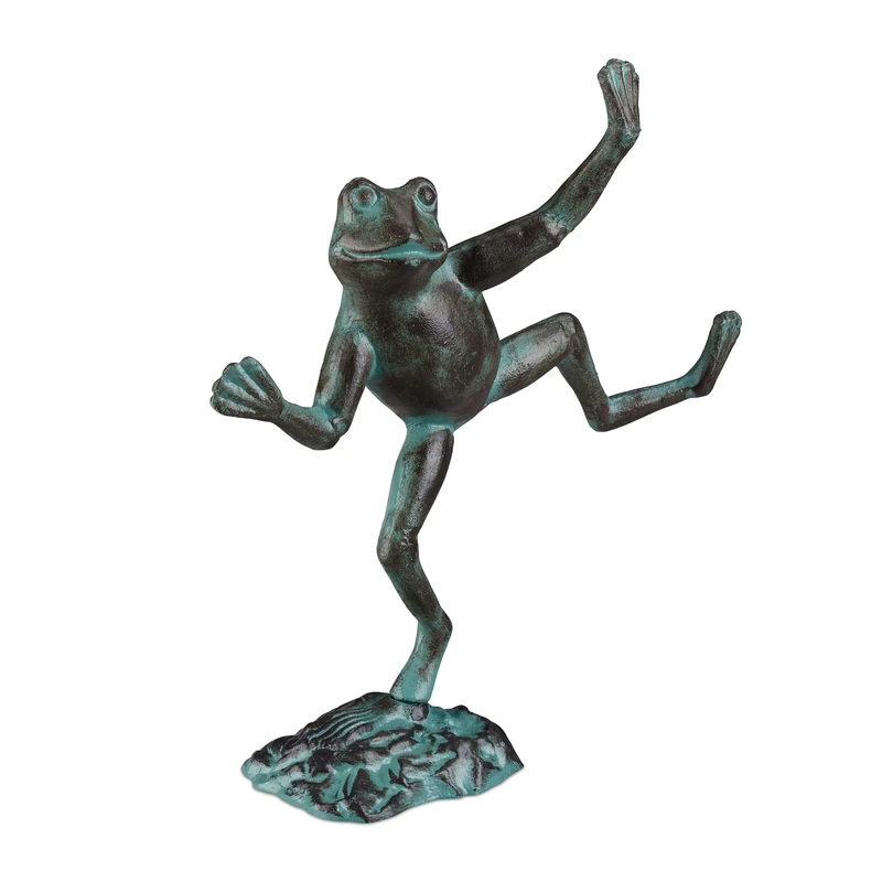 Relaxdays Garden Frog Figurine, Weatherproof, In- & Outdoor Toad, For Balcony, Pond, Cast Iron, Size L, Green