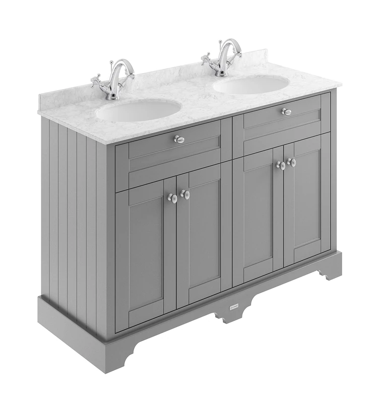 Hudson Reed LOF265 ǀ Traditional Bathroom Floor Standing Vanity Double Basin Unit with Soft Close Doors, Marble Worktop and Ceramic Basin with 1 Tap Holes, 1200mm, Storm Grey/Grey Marble