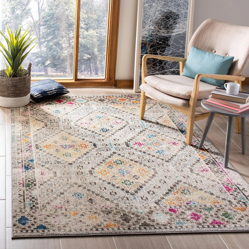 Safavieh Madison Collection Boho Rug for Living Room, Dining Room, Bedroom, Short Pile, Grey and Yellow, 200 x 300 cm