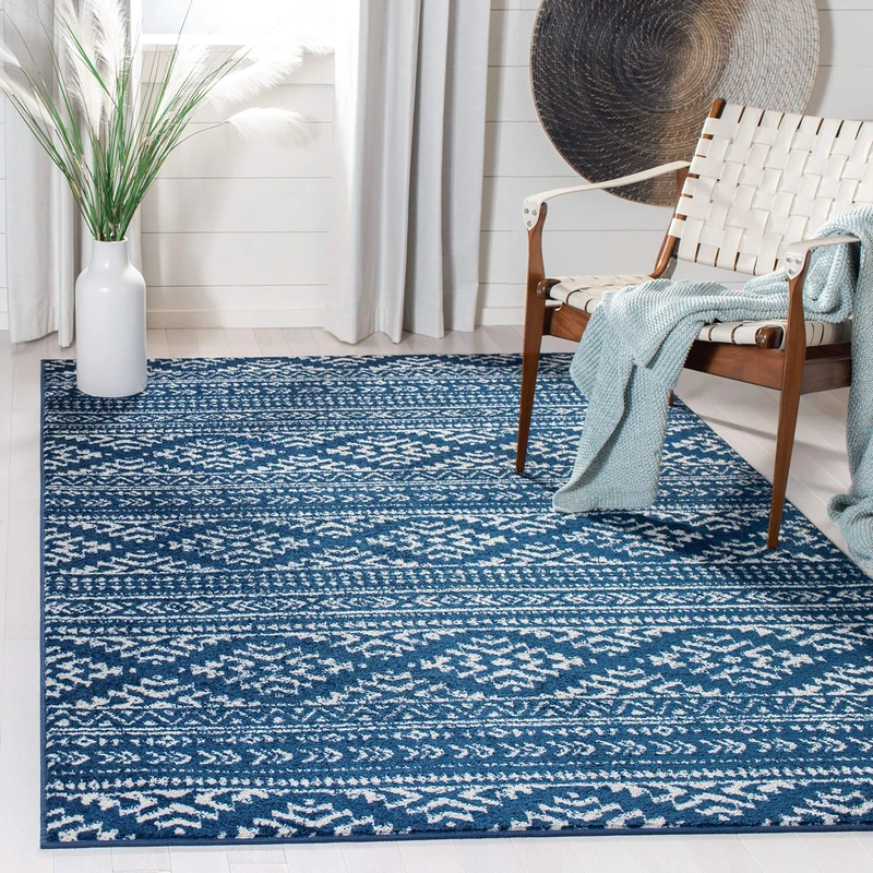 Safavieh Boho Chic Indoor Woven Rectangle Area Rug, Tulum Collection, TUL272, in Navy / Ivory, 122 X 183 cm for Living Room, Bedroom or Any Indoor Space