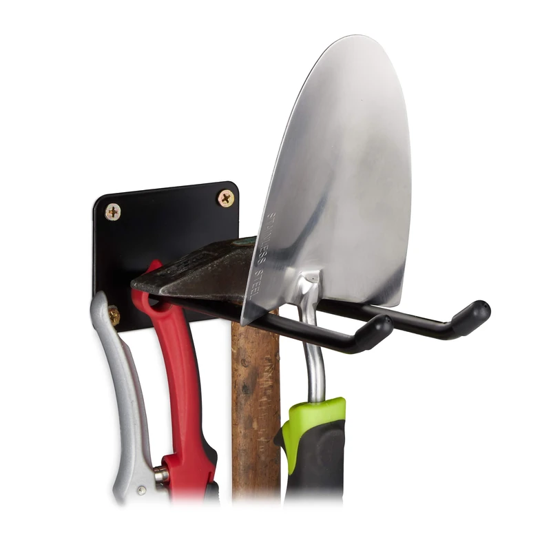 Relaxdays Wall-mounted Utility Hooks, Double Hook, Broom Holder, Spade Bracket To Mount, Wall, Steel, 24cm, Black
