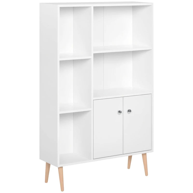 HOMCOM Sideboard Storage Cabinet Cupboard, Open Bookcase with 2 Doors 5 Compartments Wooden Modern Style for Living Room Bedroom Kitchen 80 x 23 x 123 cm, White