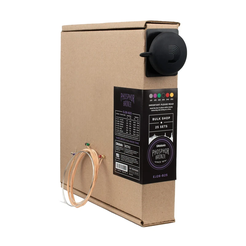 D'Addario Guitar Strings - Phosphor Bronze Acoustic Guitar Strings - EJ26-B25 - Rich, Full Tonal Spectrum - For 6 String Guitars - 11-52 Custom Light, 25-Set Bulk Box