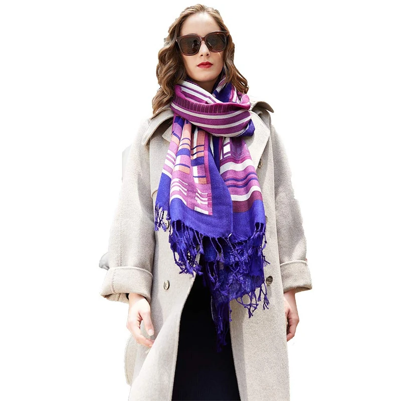 DANA XU 100% Merino Wool Extra Large Pashmina Blanket Travel Scarf Cashmere Wrap for Women Fall Winter Oversize Shawl Floral, 113 Purple, 96 * 43 INCHES
