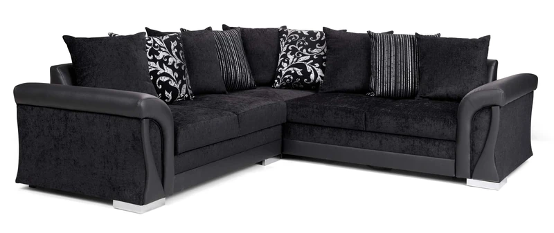 Sofas and More Corner Sofa Bed Sally with Storage Black Fabric/Faux Leather Scatter or Formal Back Cushions (Scatter Back Cushions)