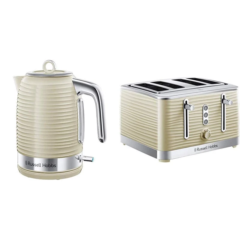 Russell Hobbs Inspire Electric Kettle Cordless Hot Water Dispenser with 4 Slice Toaster Wide Slot with Lift and Look Feature, Cream