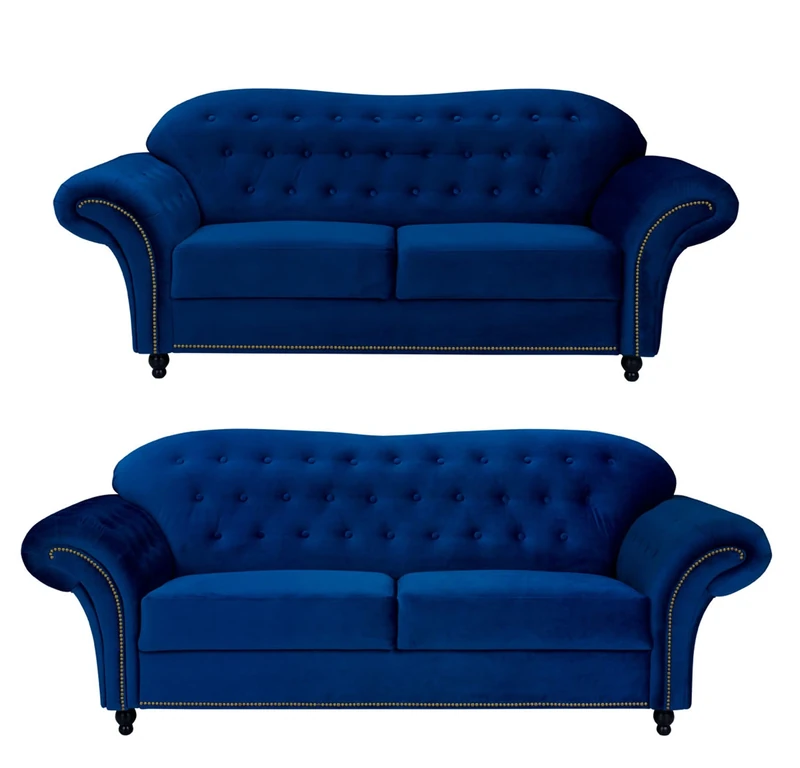 Sofas and More Lyon Chesterfield Style French Velvet fabric 3 + 2 seater sofa Armchair Blue Silver Grey (Blue, 3+2 Seater)