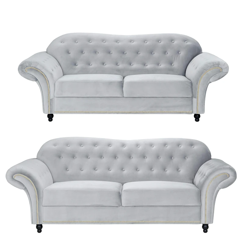 Sofas and More Lyon Chesterfield Style French Velvet fabric 3 + 2 seater sofa Armchair Blue Silver Grey (Silver, 3+2 Seater)