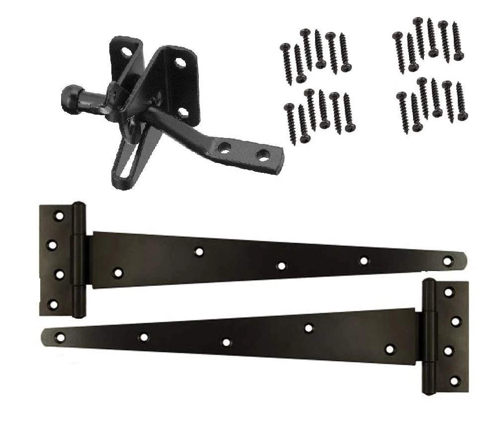 Merriway BH07087 Heavy Duty Wooden Garden Gate Hanging Kit, 2 x 12 inch Black Tee Hinges, Black Auto Close Latch & All Fixings