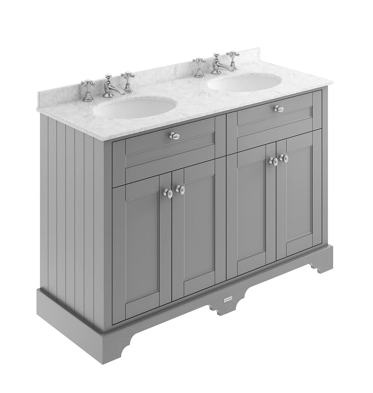 Hudson Reed LOF268 ǀ Traditional Bathroom Floor Standing Vanity Double Basin Unit with Soft Close Doors, Marble Worktop and Ceramic Basin with 3 Tap Holes, 1200mm, Storm Grey/Grey Marble