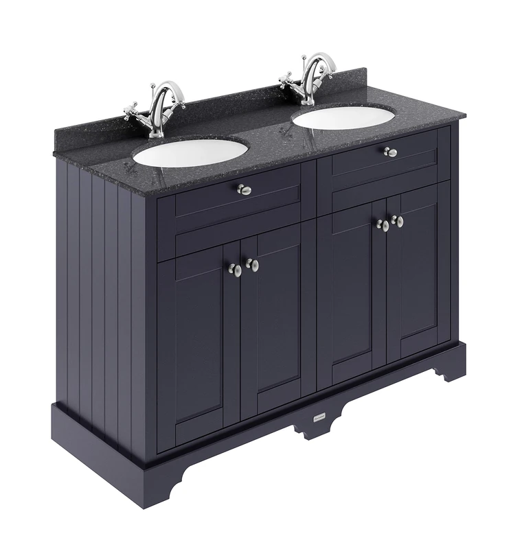 Hudson Reed LOF363 ǀ Traditional Bathroom Floor Standing Vanity Double Basin Unit with Soft Close Doors, Marble Worktop and Ceramic Basin with 1 Tap Holes, 1200mm, Twilight Blue/Black Marble