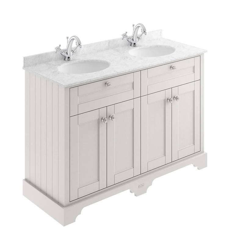 Hudson Reed LOF465 ǀ Traditional Bathroom Floor Standing Vanity Double Basin Unit with Soft Close Doors, Marble Worktop and Ceramic Basin with 1 Tap Holes, 1200mm, Timeless Sand/Grey Marble
