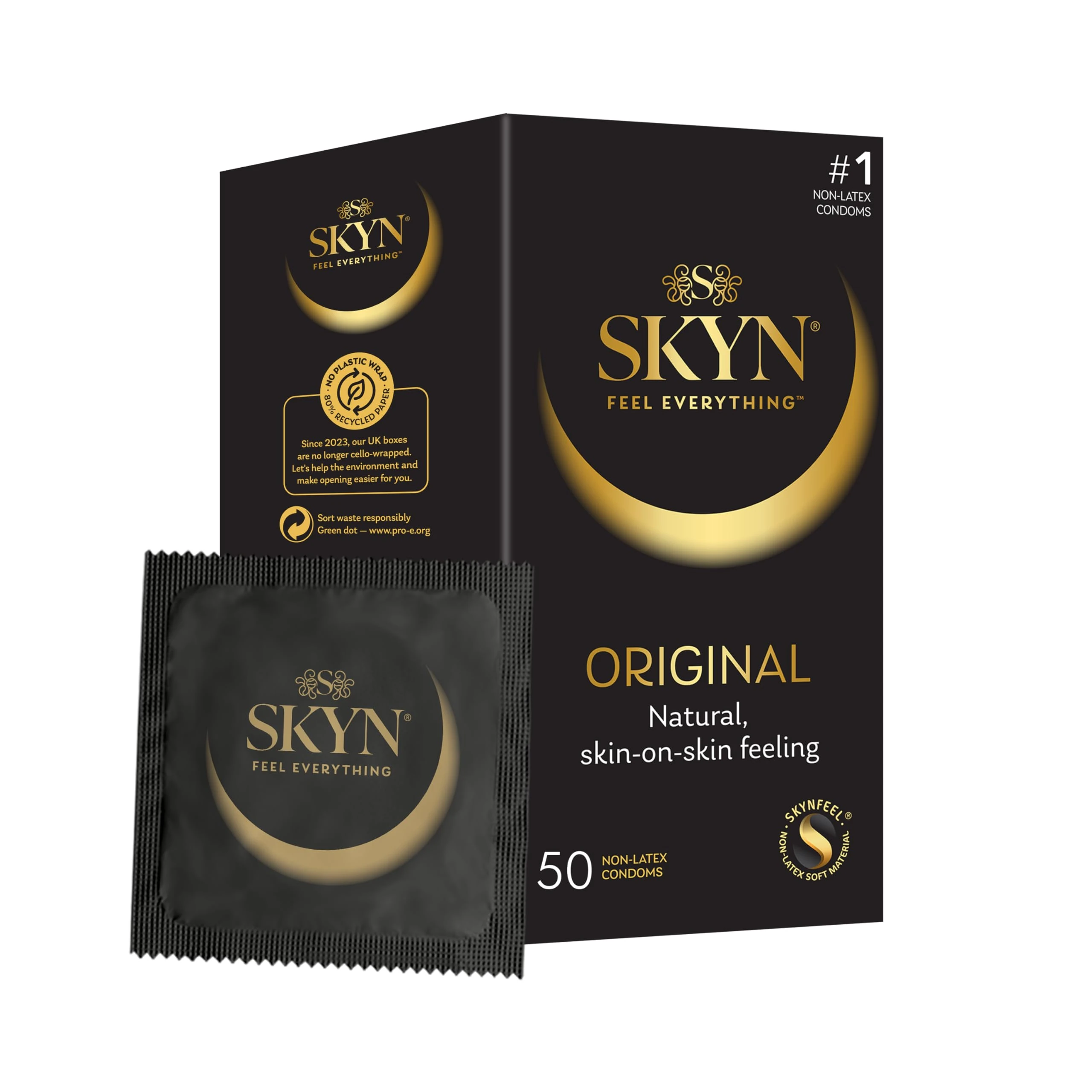 SKYN Original Condoms Pack of 50 - Skynfeel Latex Free for Men, Regular Size, Strong & Thin, Smooth Straight Shape, 53mm Wide