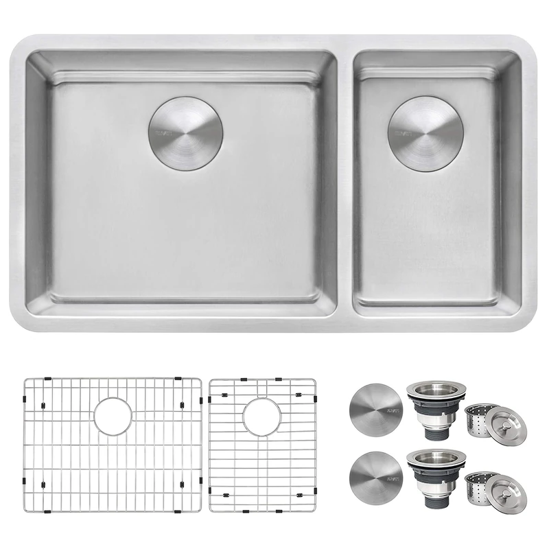 Ruvati 32-inch Undermount Kitchen Sink - 70/30 Double Bowl Kitchen Sink - 16 Gauge Stainless Steel Sinks with Brushed Finish hides Scratches, Easy-to-Clean Undermount Sinks - RVM5300