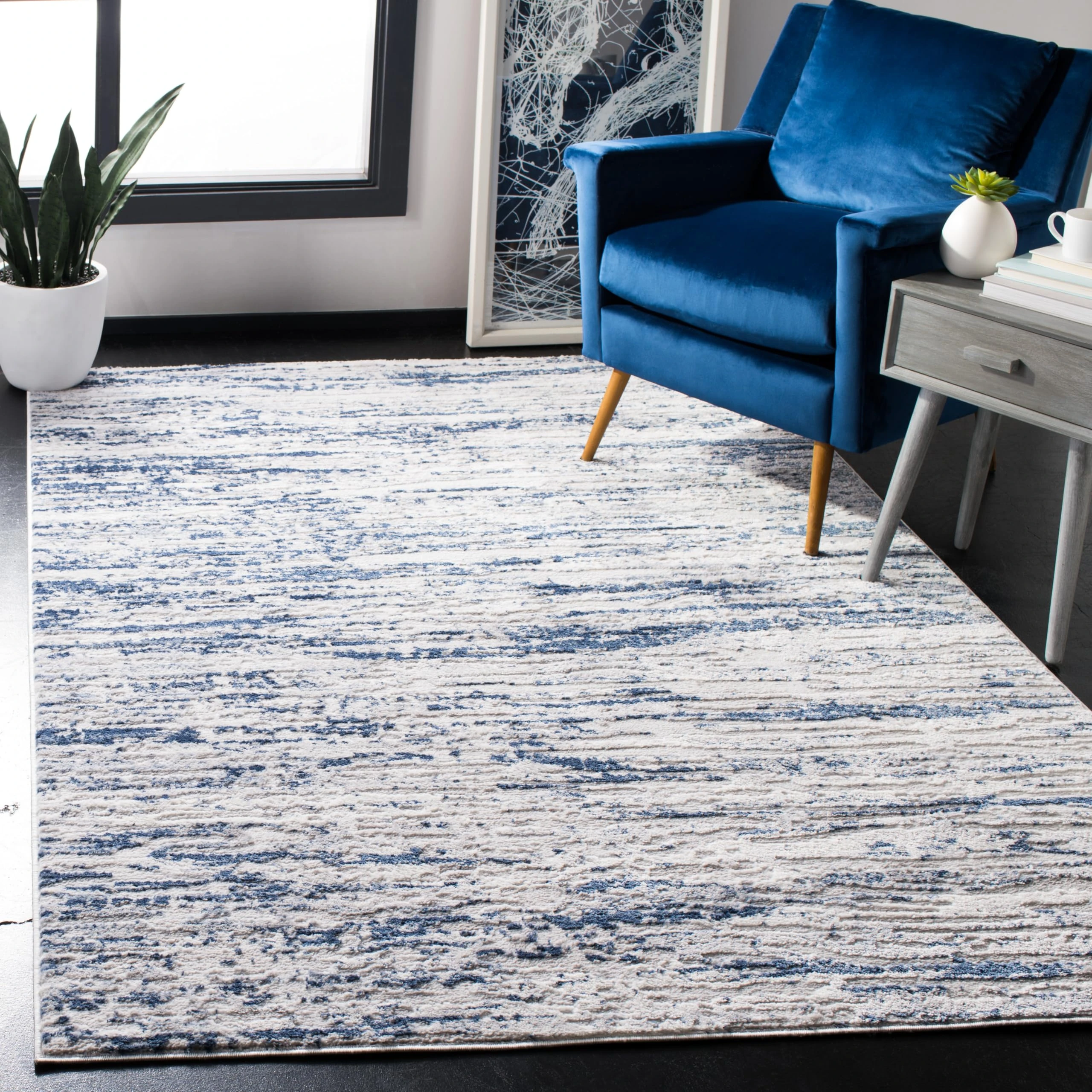 SAFAVIEH Modern Abstract Rug for Living Room, Dining Room, Bedroom - Amelia Collection, Short Pile, in Grey and Navy, 183 X 274 cm