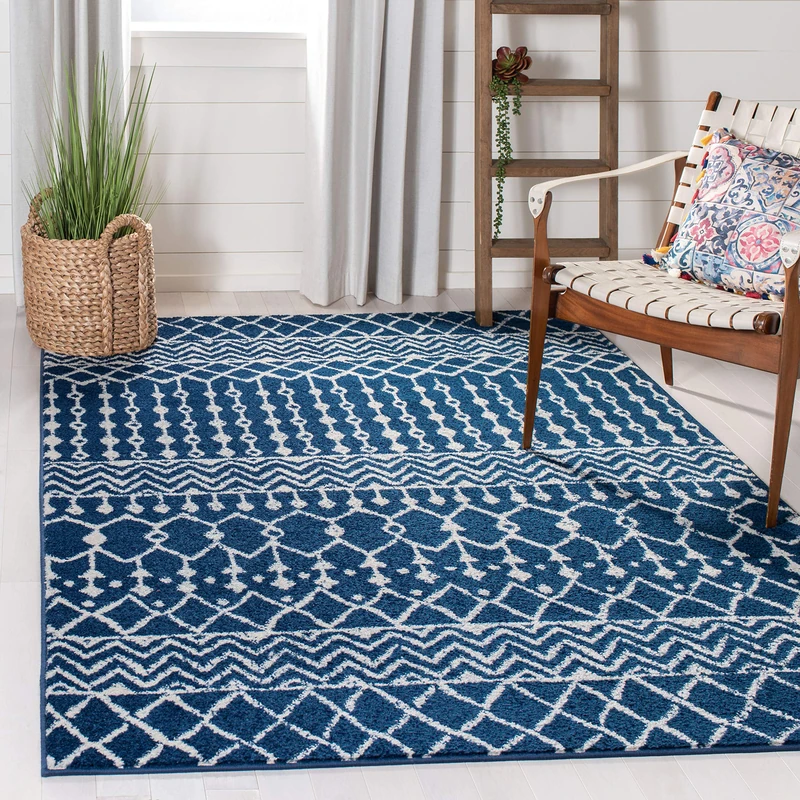 Safavieh Boho Chic Indoor Woven Rectangle Area Rug, Tulum Collection, TUL270, in Navy / Ivory, 122 X 183 cm for Living Room, Bedroom or Any Indoor Space