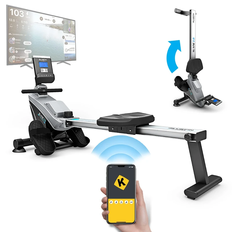 Bluefin Fitness BLADE Home Gym Foldable Rowing Machine | Magnetic Resistance Rower | Kinomap | Live Video Streaming | Video Coaching & Training | LCD Digital Fitness Console | Smartphone App