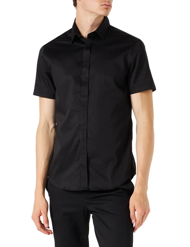 Armani Exchange Men's Stretch Satin Slim Casual Shirt, Black (Black 1200), 10 (Size: X-Small)